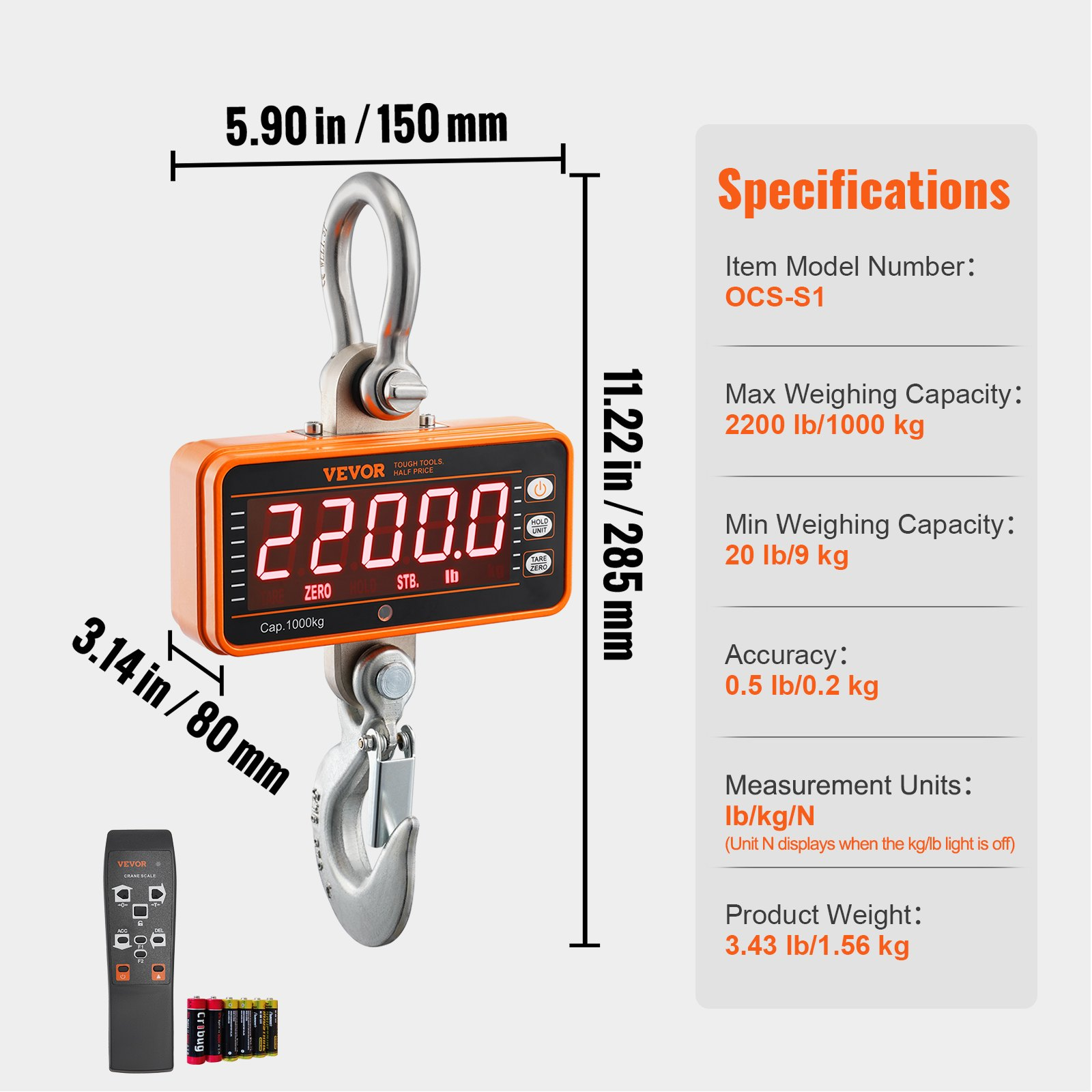 Balanza digital para grúa, 1000 kg (2200 lbs) ZXDCZX200G | VEVOR