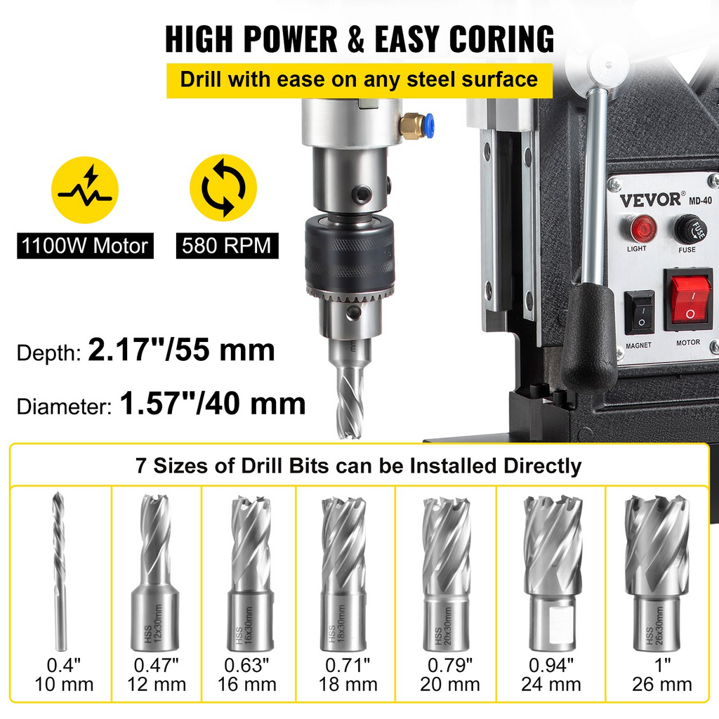 Taladro magnético, 1100 W, diámetro de perforación, 580 RPM | VEVOR