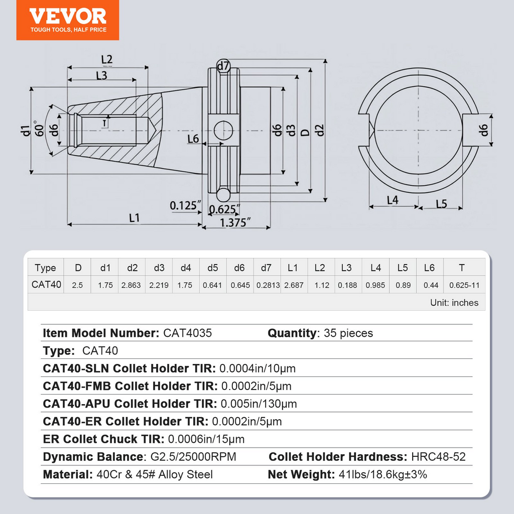 Juego de portaherramientas CAT40 ER 16/32, 35 piezas | VEVOR