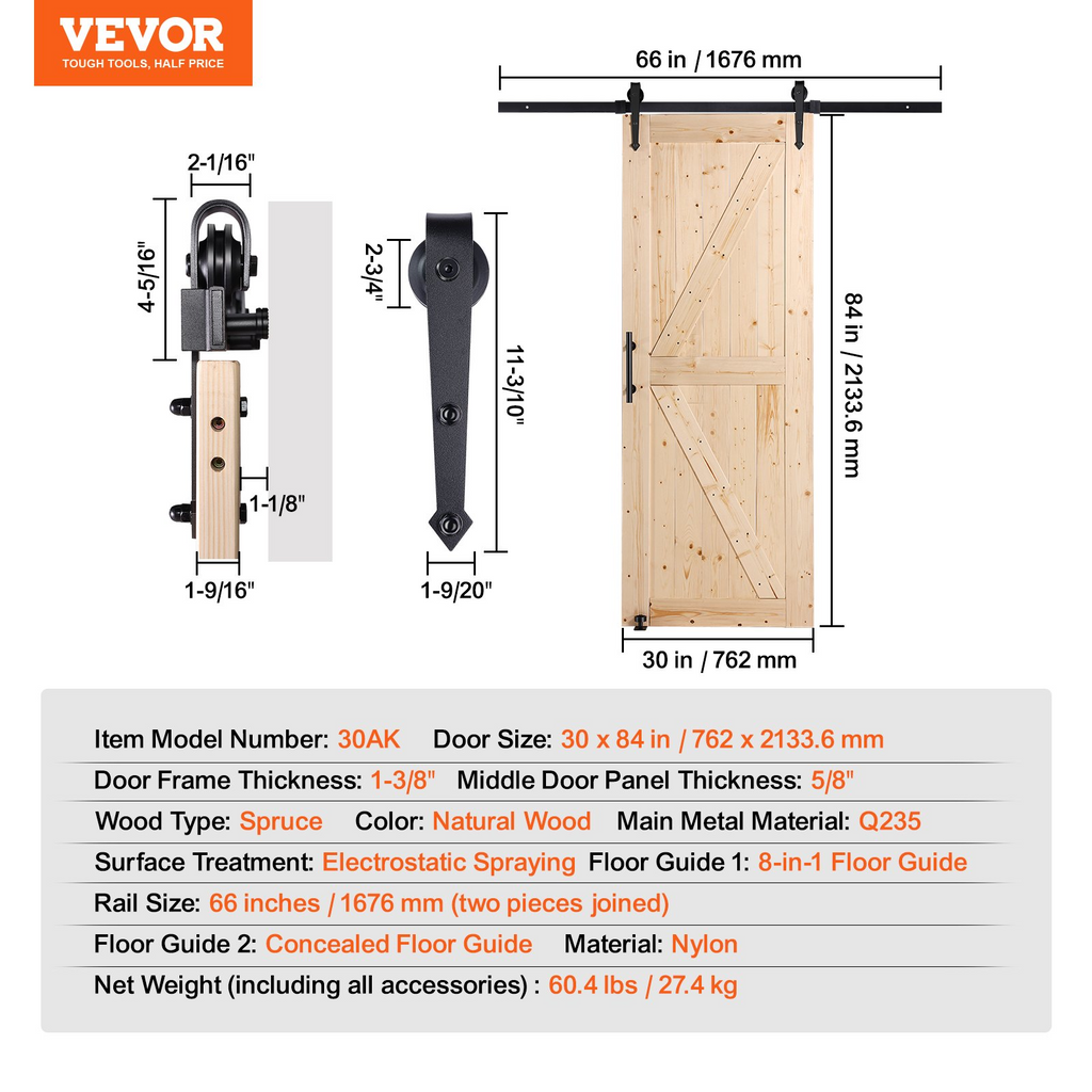 Puerta corrediza de granero con kit de herrajes, 213 cm | VEVOR
