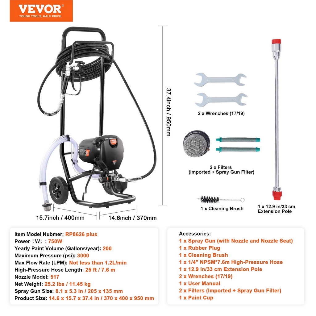 Pulverizador de pintura sin aire de 750 W con soporte