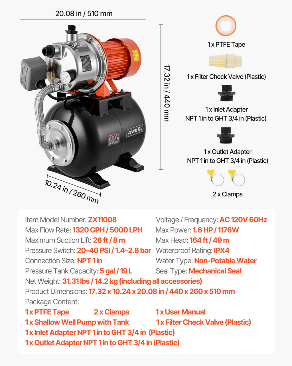 Bomba de 1.6 HP para pozos poco profundos con tanque | VEVOR