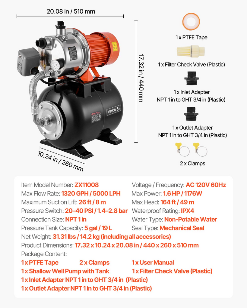 Bomba de 1.6 HP para pozos poco profundos con tanque