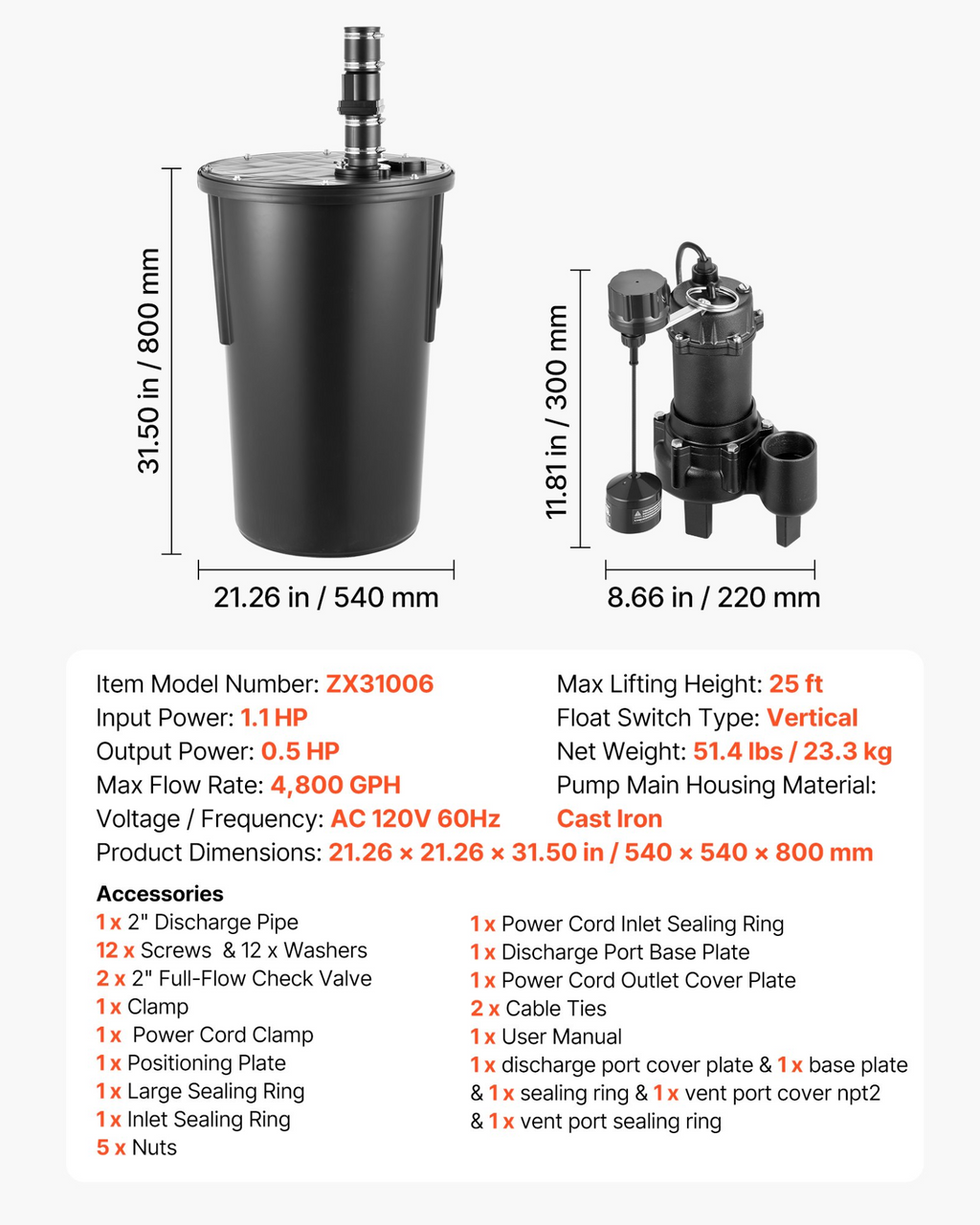 Sistema de bombeo de aguas residuales, 1/2 HP | VEVOR