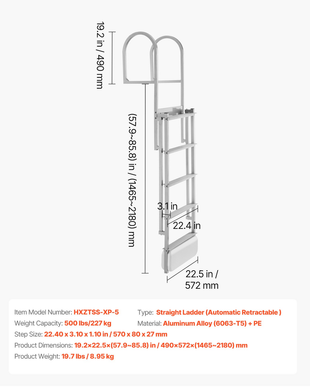 Escalera de muelle retráctil, 5 peldaños