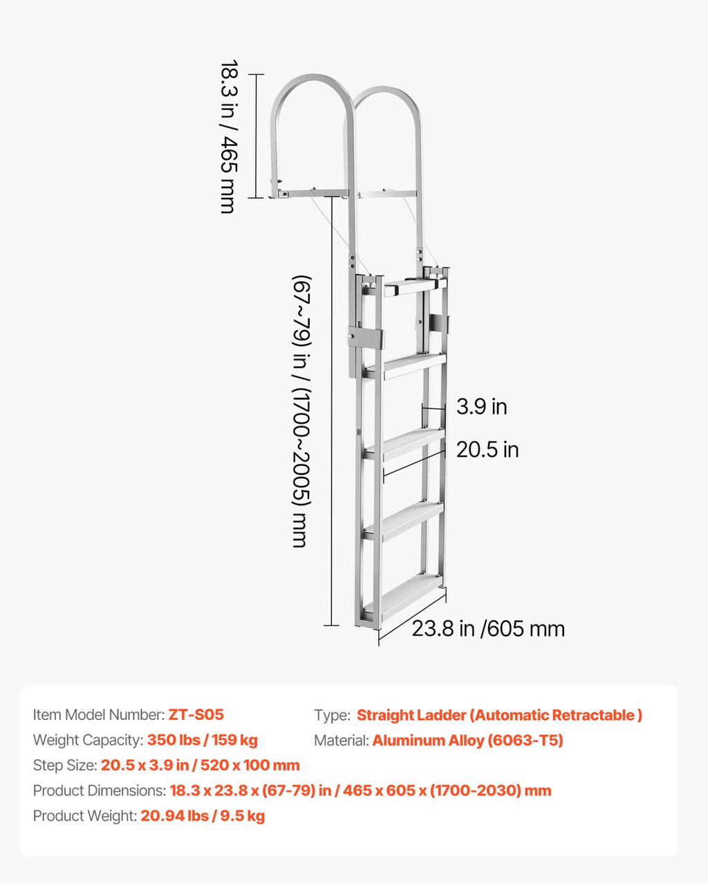 Escalera retráctil para muelle, 5 peldaños