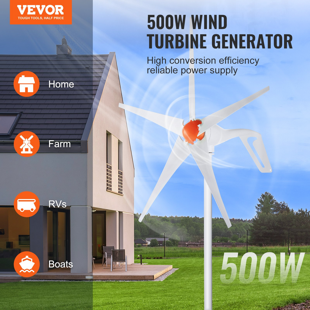 Generador de turbina eólica de 500 W, 12 V | VEVOR
