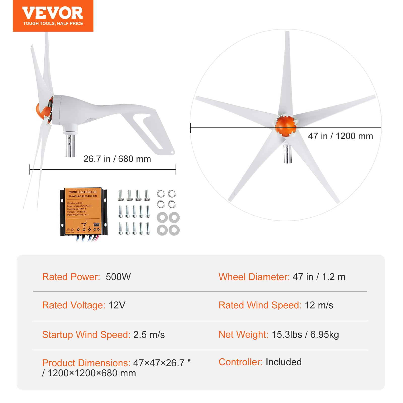 Generador de turbina eólica de 500 W, 12 V | VEVOR