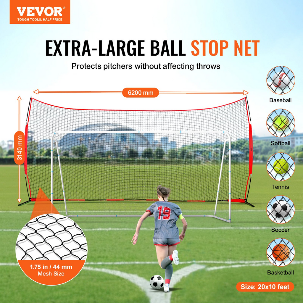 Red de protección Barricade Backstop, 20x10 pies | VEVOR