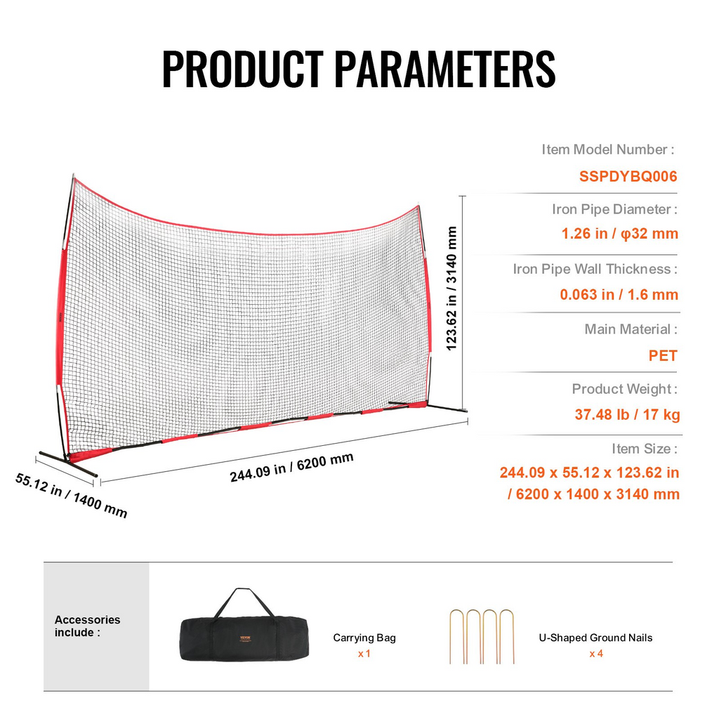 Red de protección Barricade Backstop, 20x10 pies | VEVOR