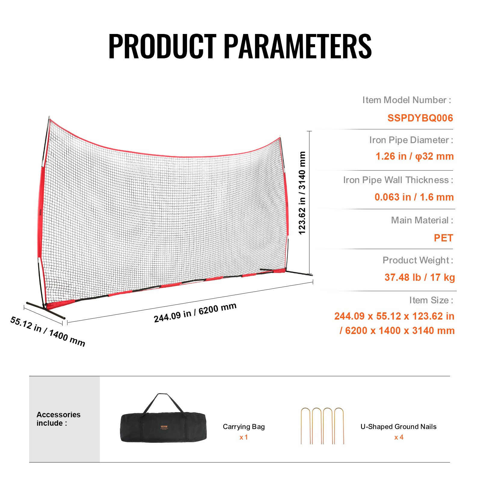 Red de protección Barricade Backstop, 20x10 pies | VEVOR