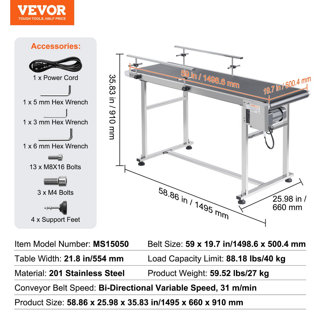 Cinta transportadora, mesa transportadora de 59 x PDSSJ59X19 | VEVOR