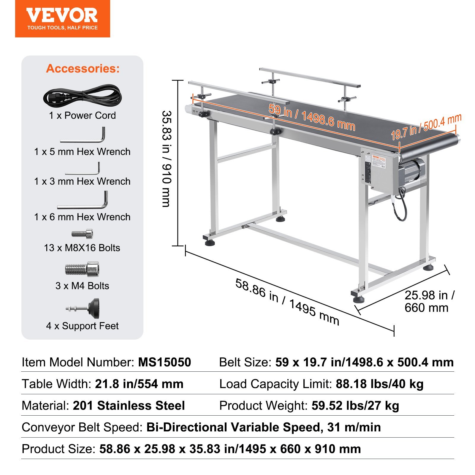 Cinta transportadora, mesa transportadora de 59 x PDSSJ59X19 | VEVOR