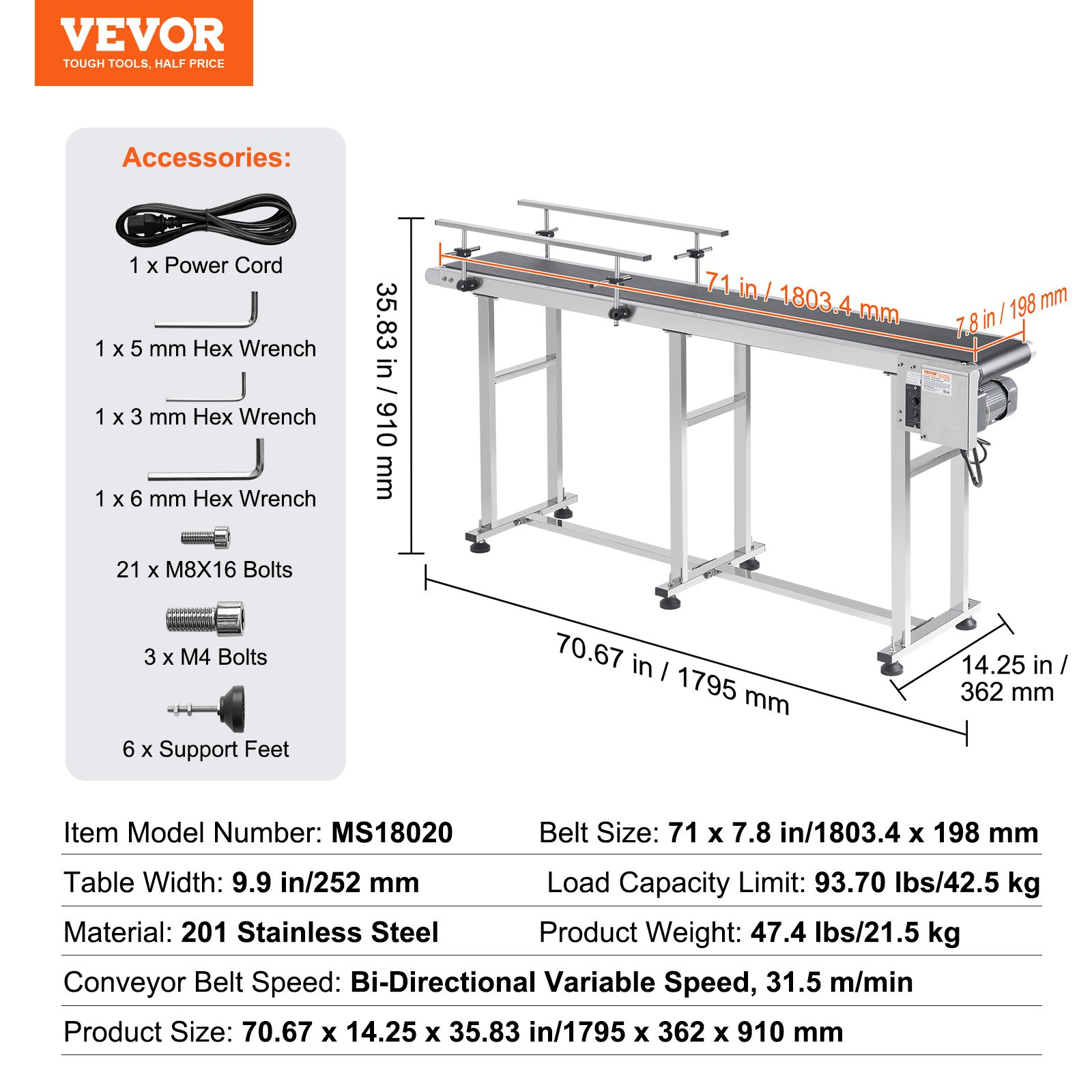 Cinta transportadora, mesa transportadora de 71 x | VEVOR