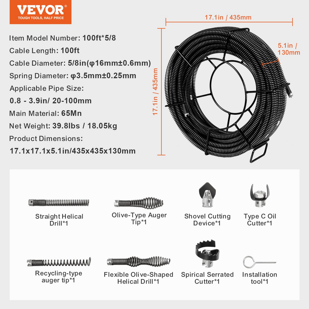 Cable de limpieza de desagües de 30, 5 m x | VEVOR