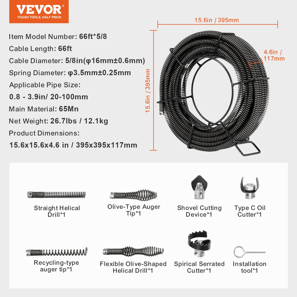 Cable de limpieza de desagües de 20 m x 16 mm | VEVOR