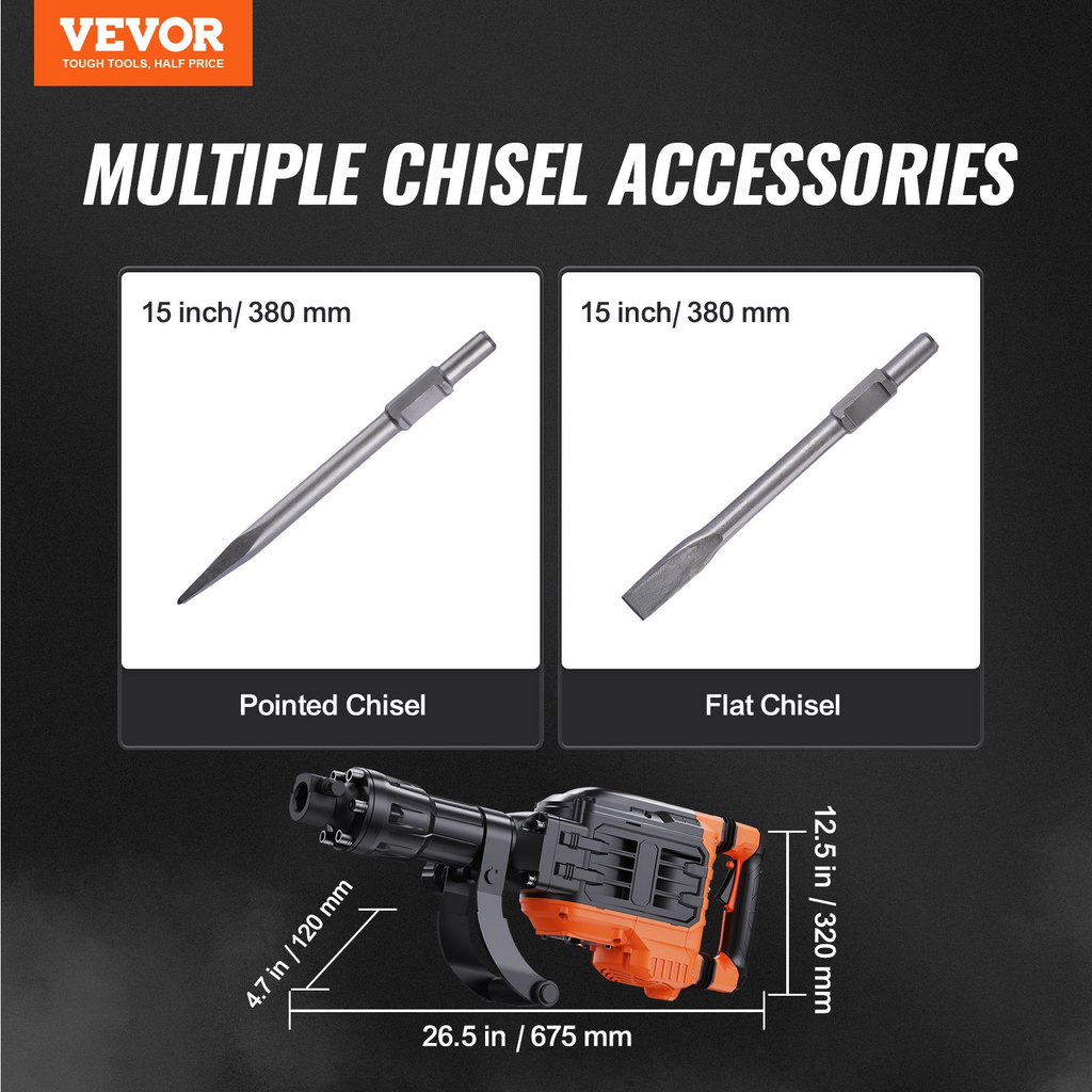Martillo de demolición de 3500 W, 2 cinceles 1900 BPM | VEVOR