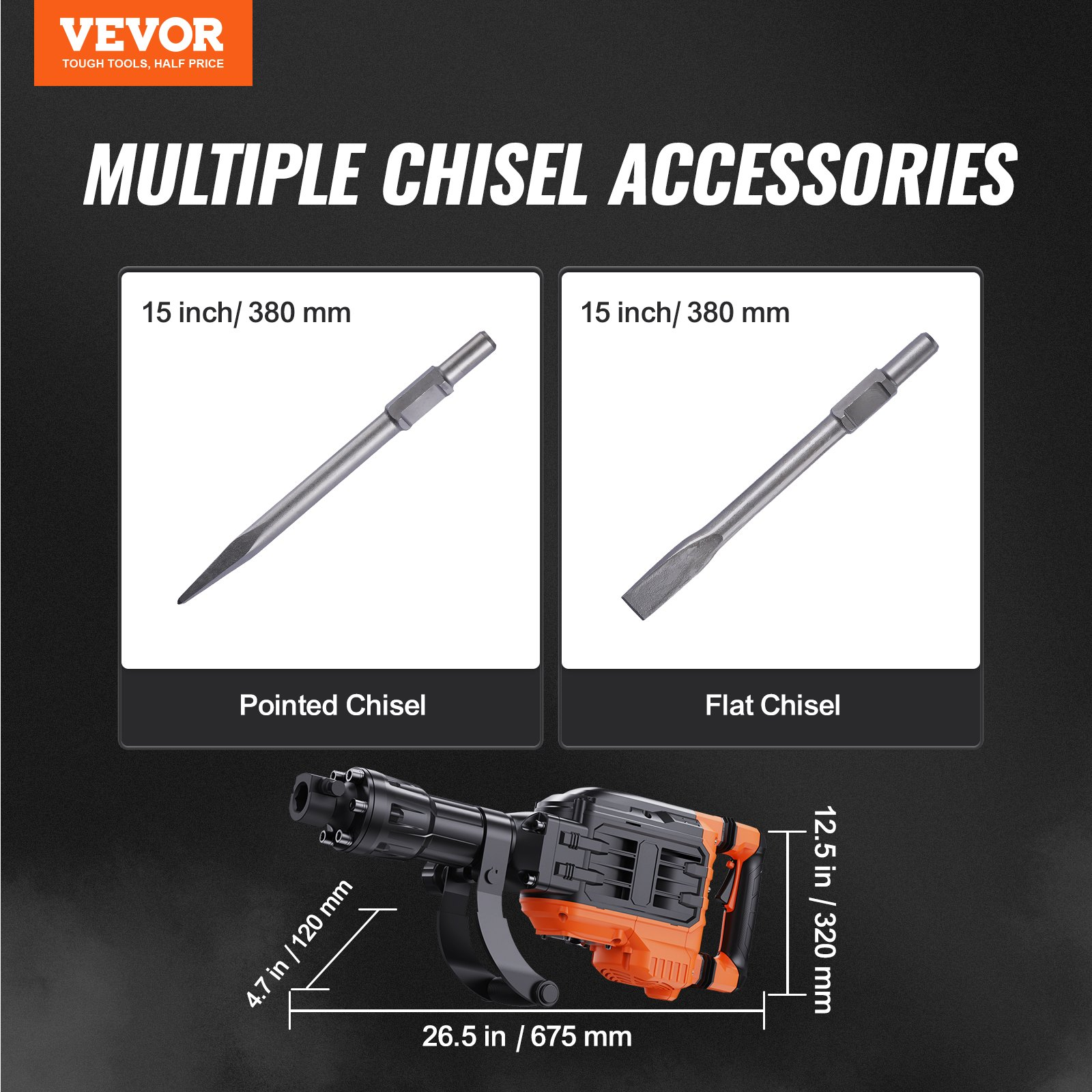 Martillo de demolición de 3500 W, 2 cinceles 1900 BPM | VEVOR