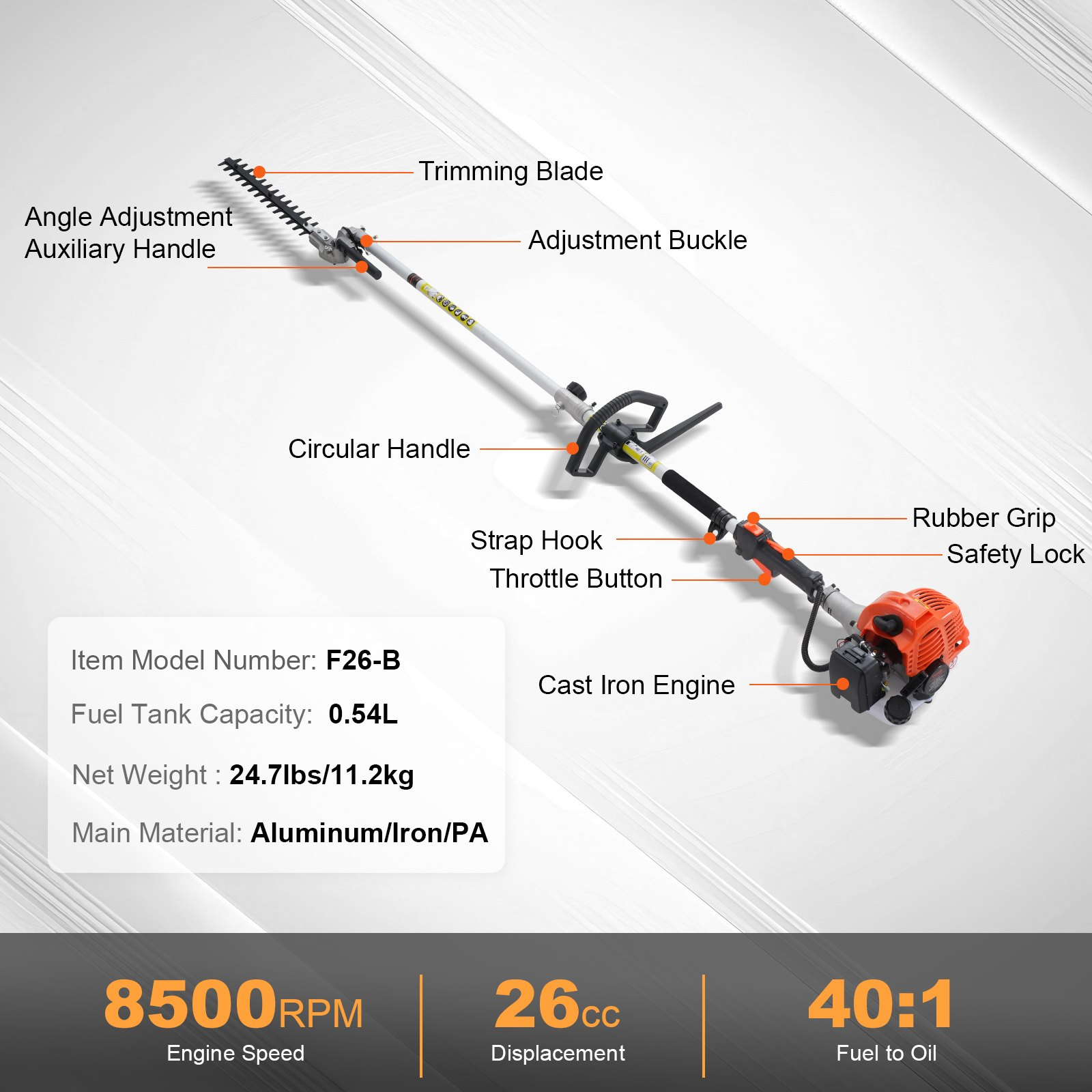 Cortasetos de gasolina de 15, 7 pulgadas, 26 cc | VEVOR