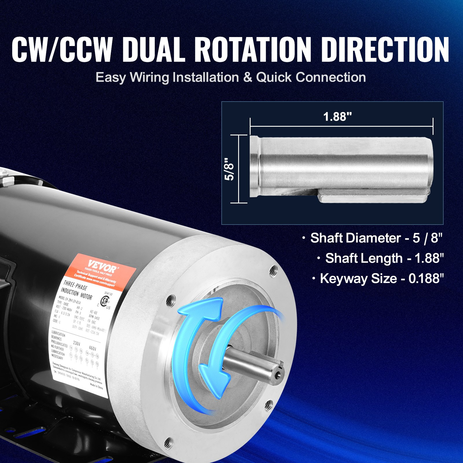 Motor eléctrico de 2 HP, 3450 rpm, CA 230 V/460 V | VEVOR
