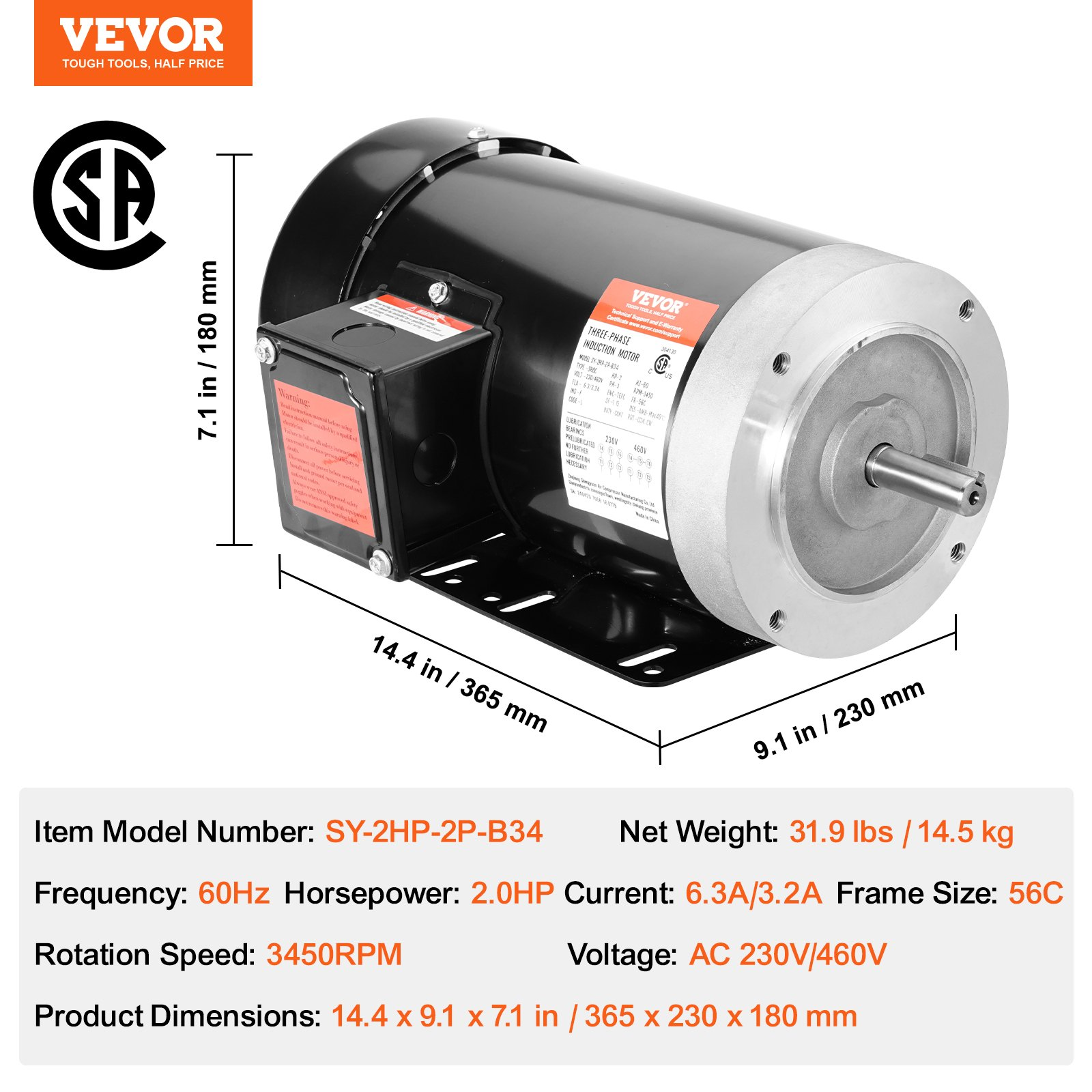 Motor eléctrico de 2 HP, 3450 rpm, CA 230 V/460 V | VEVOR