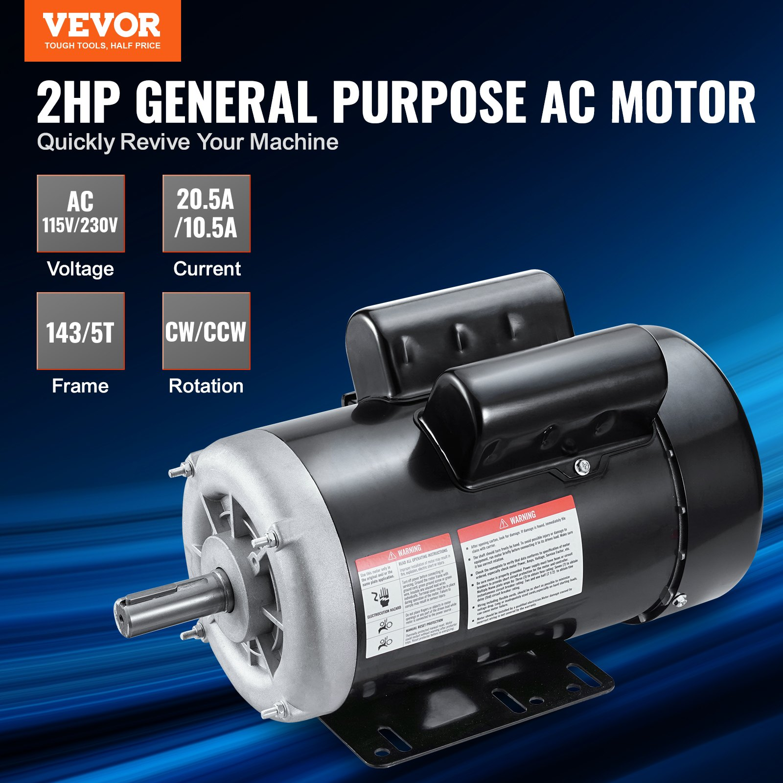 Motor eléctrico de 2 HP, 1725 rpm, CA 115 V/230 V | VEVOR