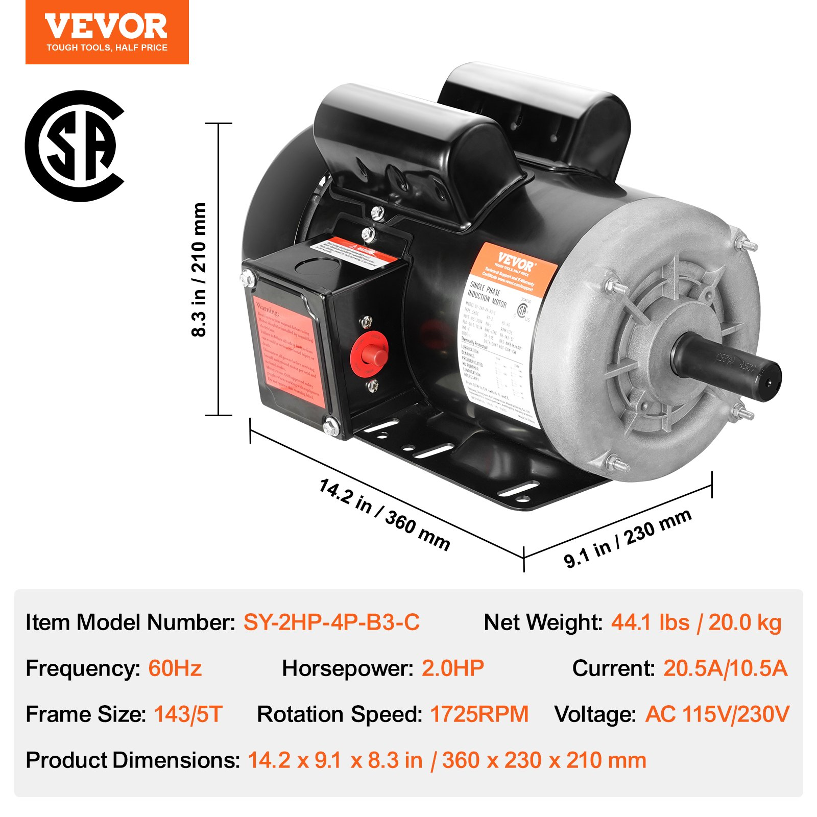 Motor eléctrico de 2 HP, 1725 rpm, CA 115 V/230 V | VEVOR