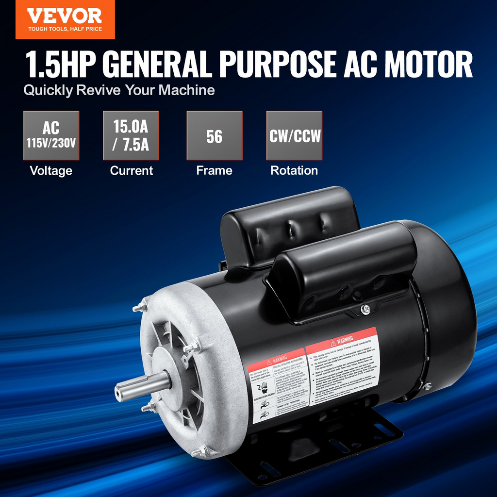 Motor eléctrico de 1, 5 HP, 3450 rpm, CA 115 V/230 V | VEVOR