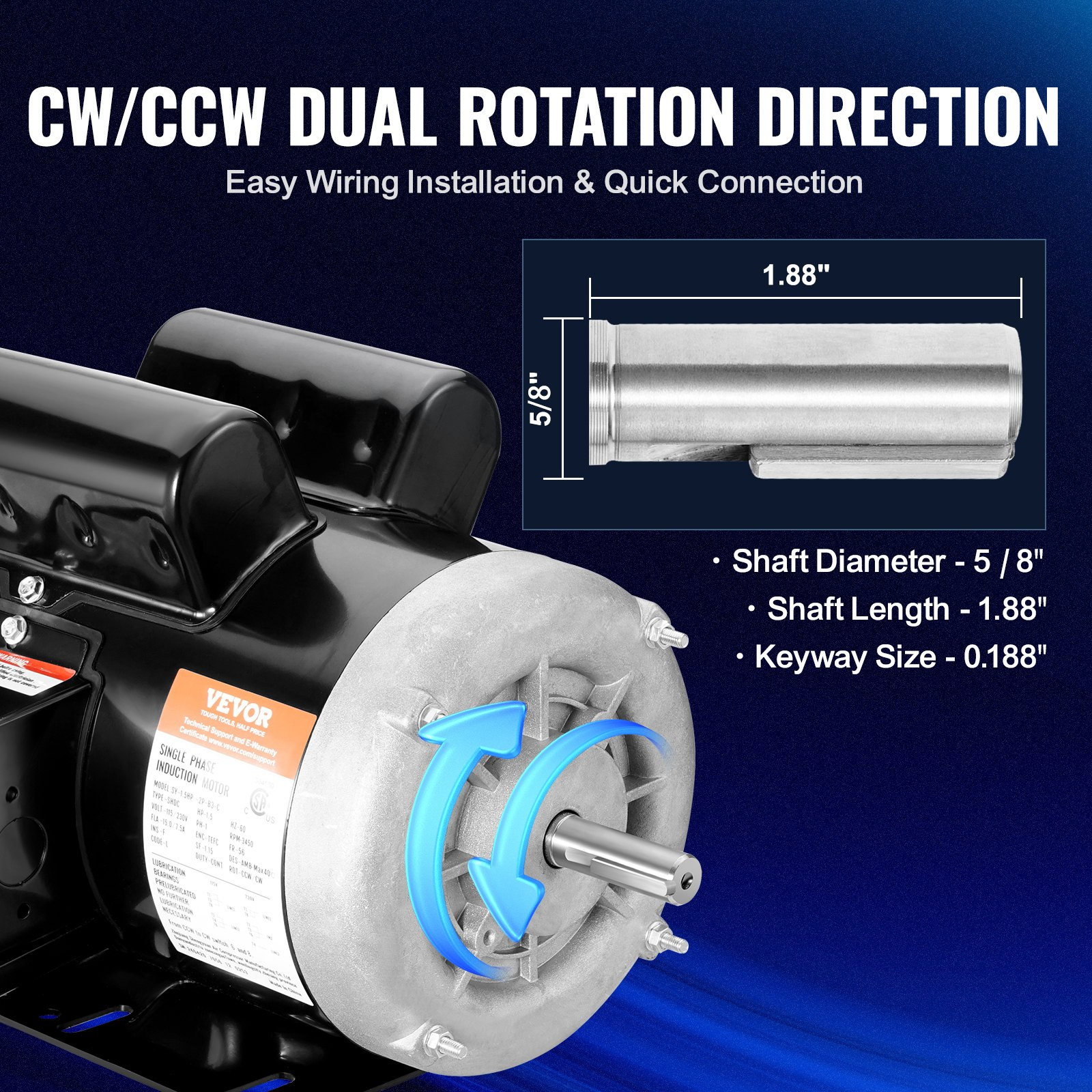 Motor eléctrico de 1, 5 HP, 3450 rpm, CA 115 V/230 V | VEVOR
