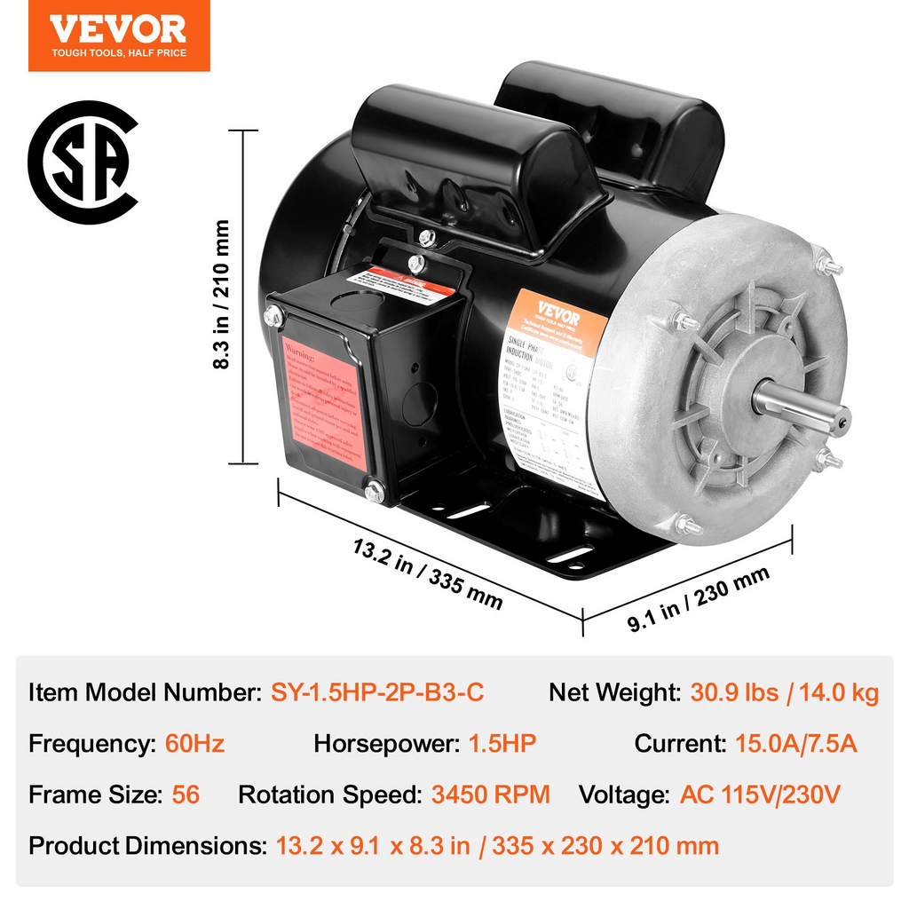 Motor eléctrico de 1, 5 HP, 3450 rpm, CA 115 V/230 V | VEVOR