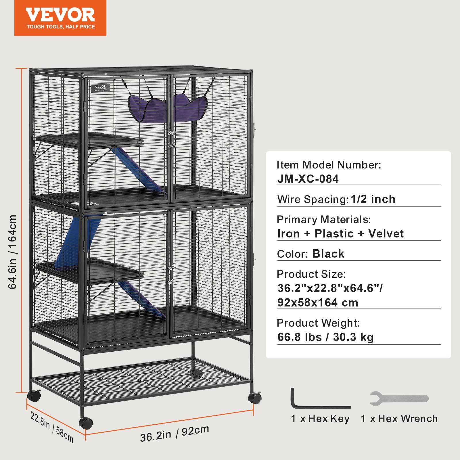 Jaula metálica rodante de 164 cm (64, 6") para hurones | VEVOR