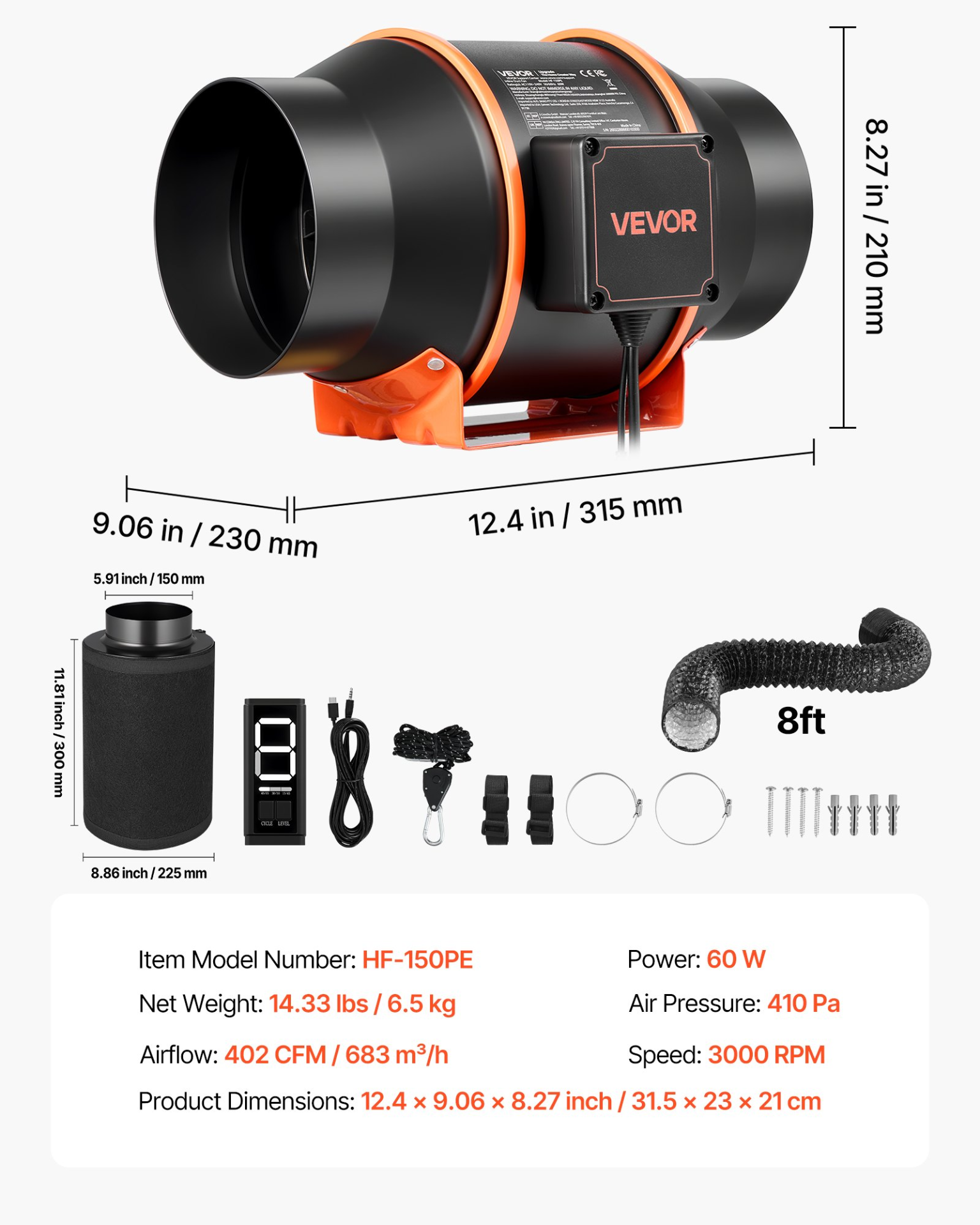 Kit de ventilador de conducto en línea con filtro XLGDFSTZEC | VEVOR