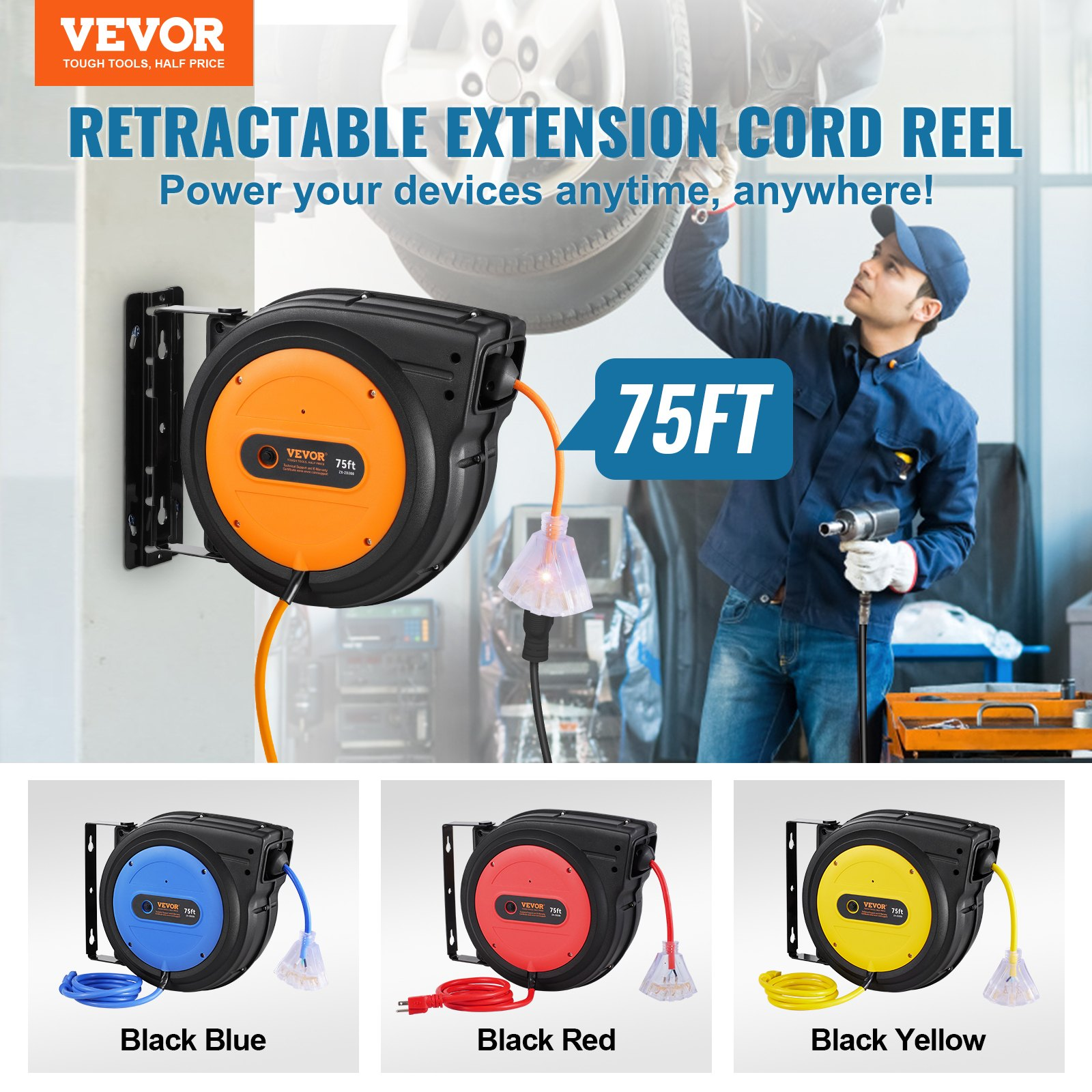 Carrete de cable de extensión retráctil SSSJXQ75FT | VEVOR