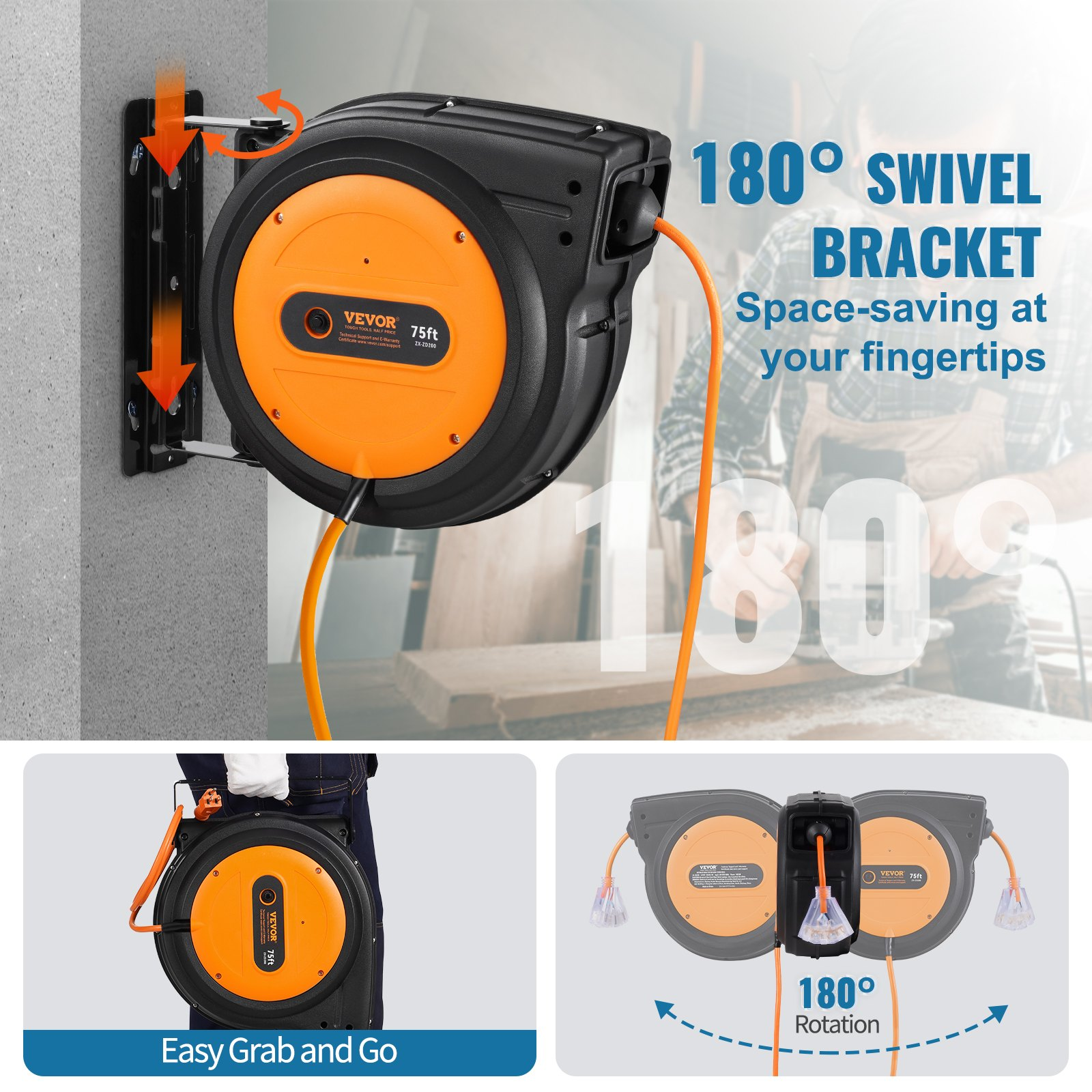 Carrete de cable de extensión retráctil SSSJXQ75FT | VEVOR