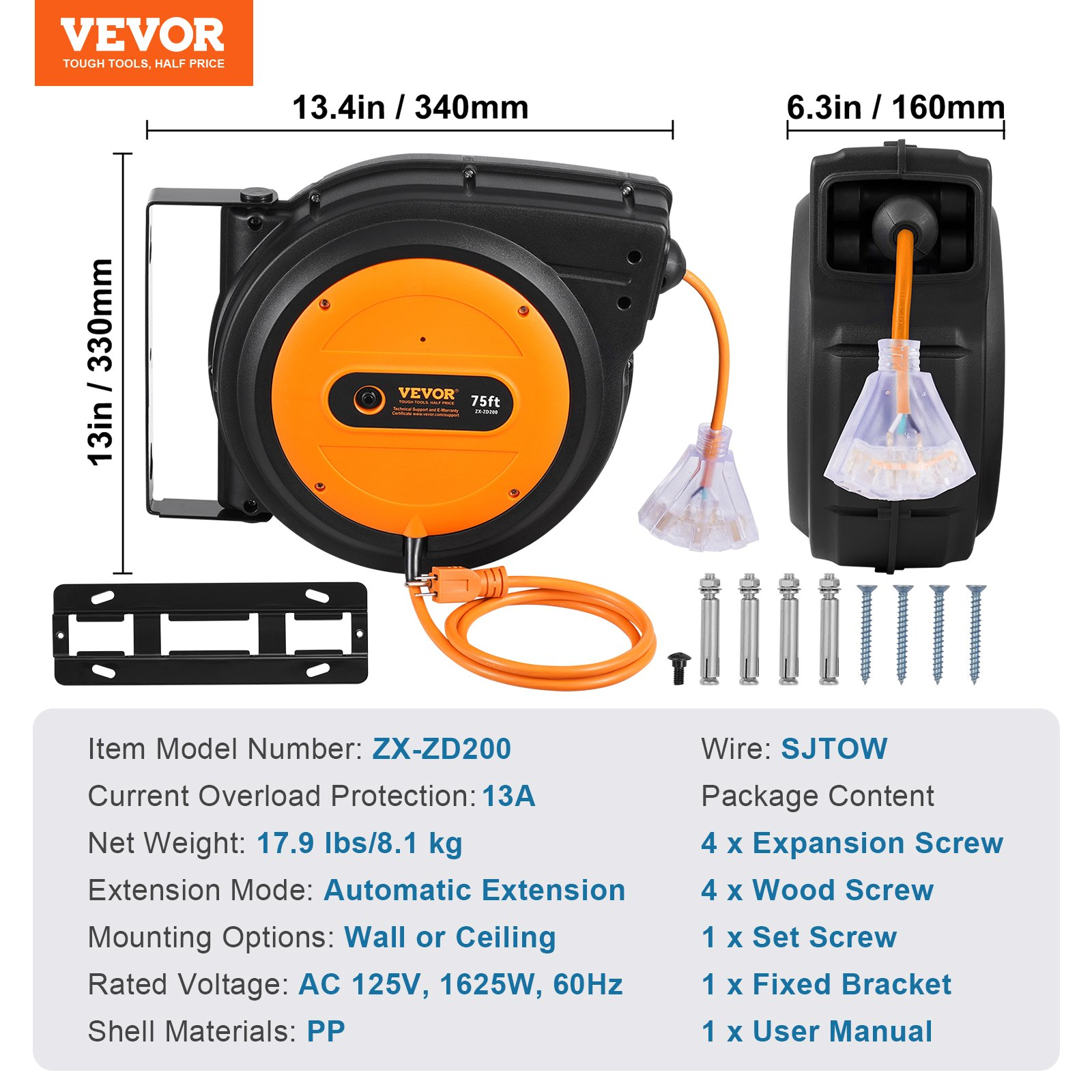 Carrete de cable de extensión retráctil SSSJXQ75FT | VEVOR