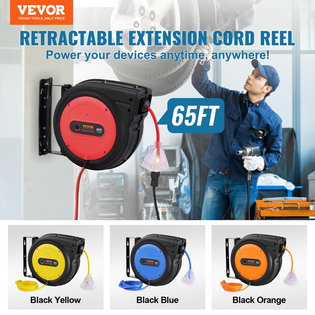 Carrete de cable de extensión retráctil SSSJXQ65FT | VEVOR