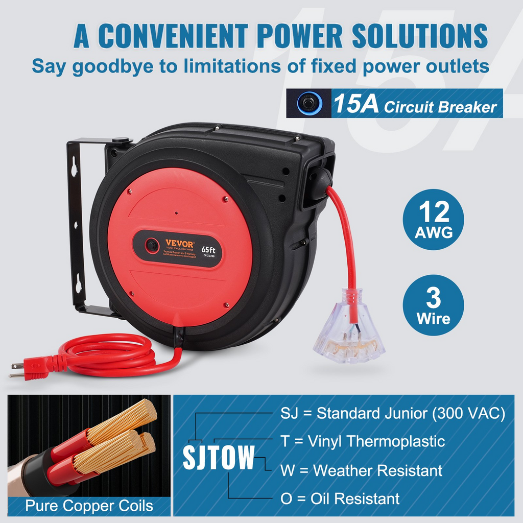 Carrete de cable de extensión retráctil SSSJXQ65FT | VEVOR