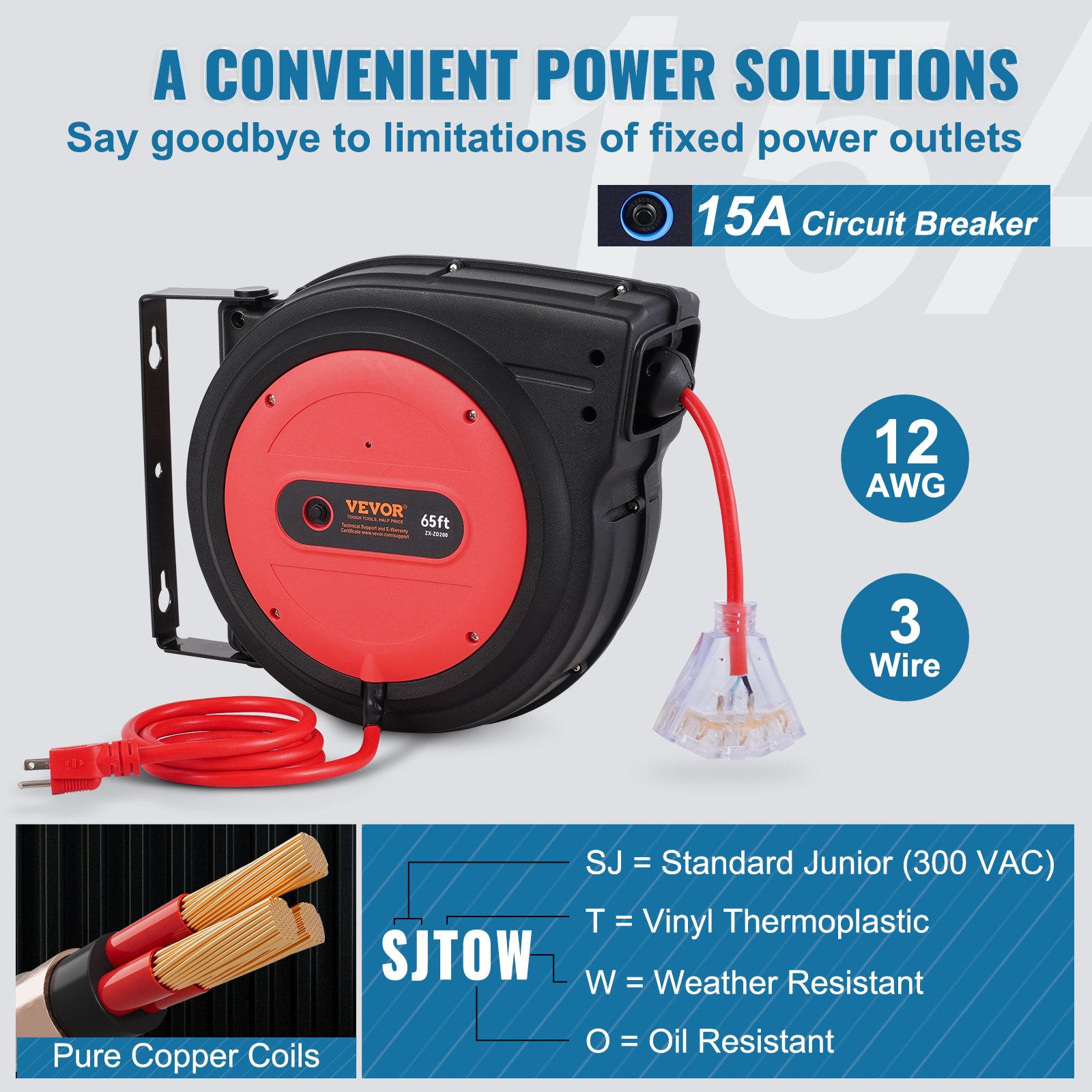 Carrete de cable de extensión retráctil SSSJXQ65FT | VEVOR