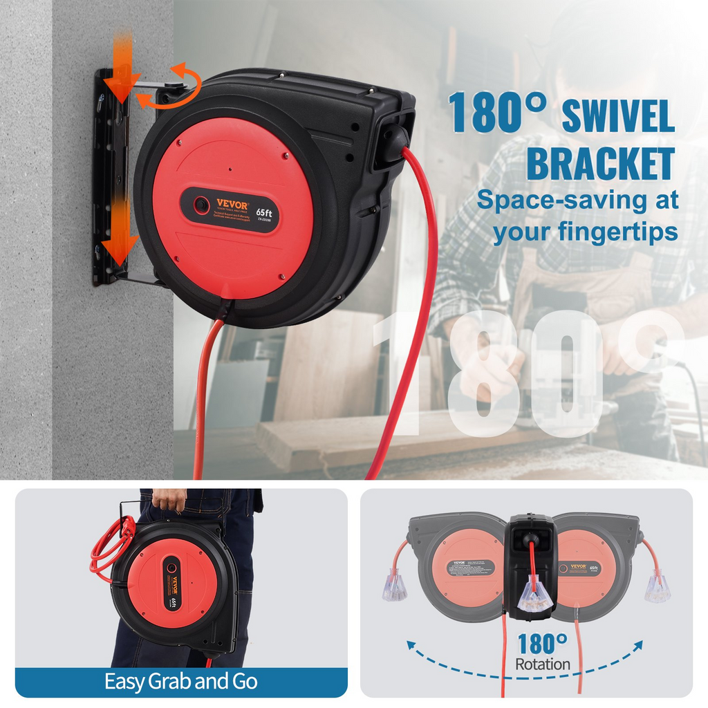 Carrete de cable de extensión retráctil SSSJXQ65FT | VEVOR