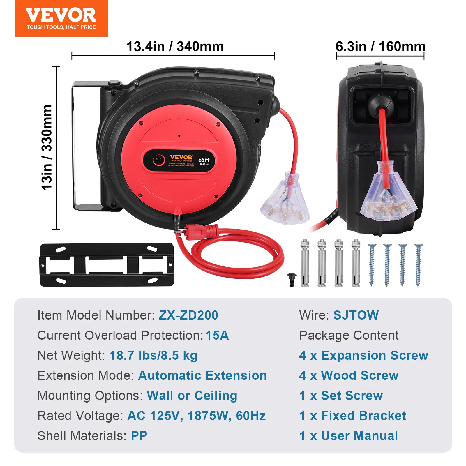 Carrete de cable de extensión retráctil SSSJXQ65FT | VEVOR