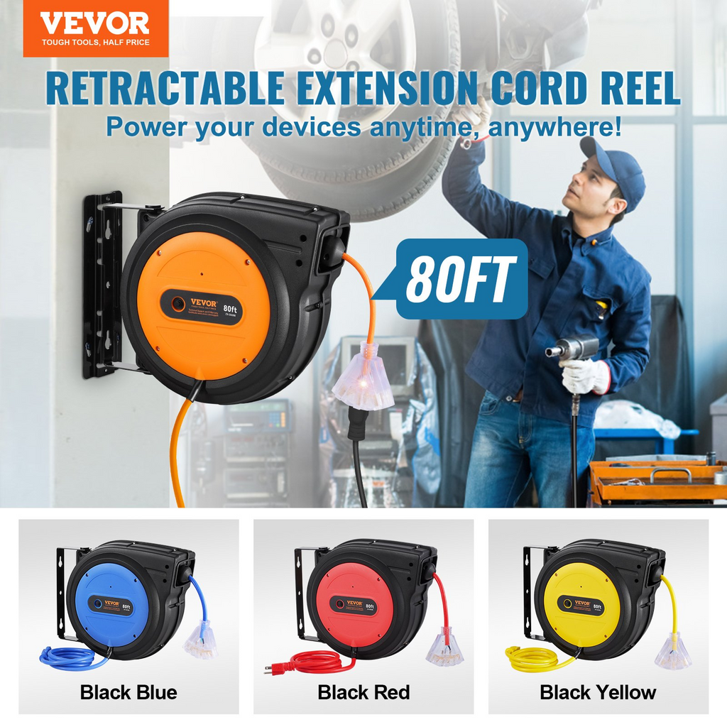 Carrete de cable de extensión retráctil SSSJXQ80FT | VEVOR