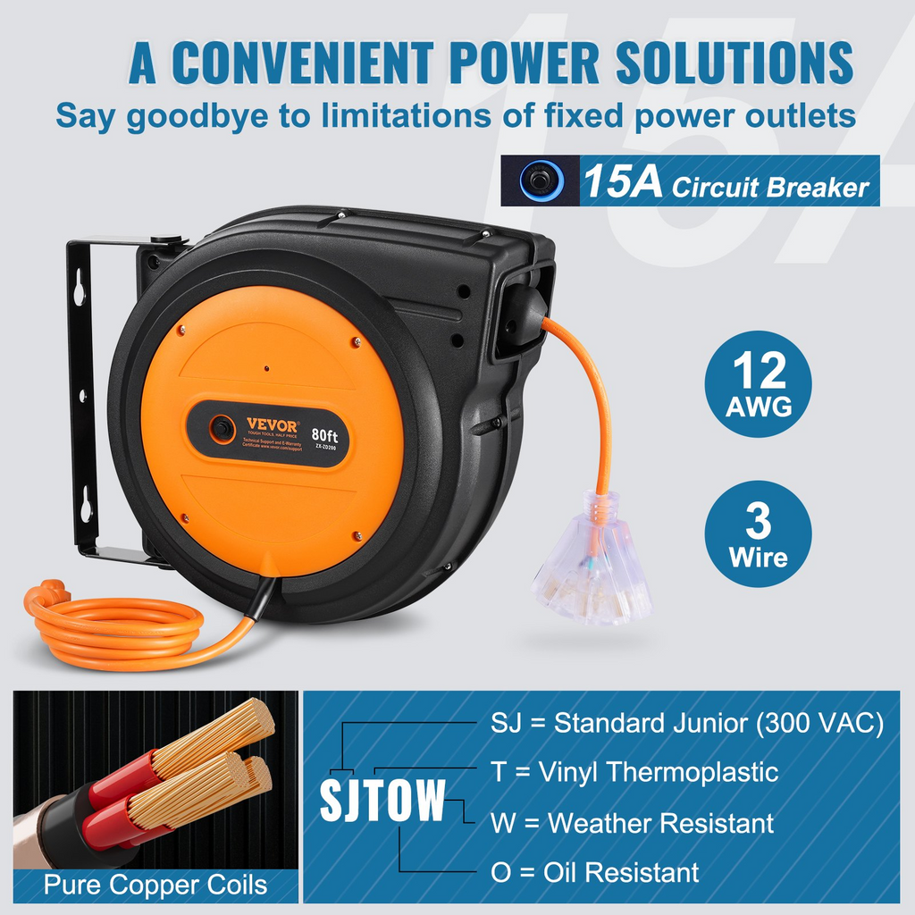 Carrete de cable de extensión retráctil SSSJXQ80FT | VEVOR