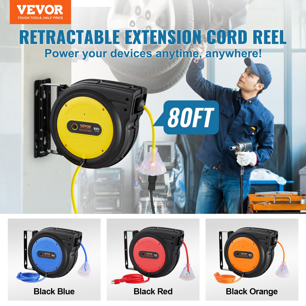 Carrete de cable de extensión retráctil SSSJXQ80FT | VEVOR