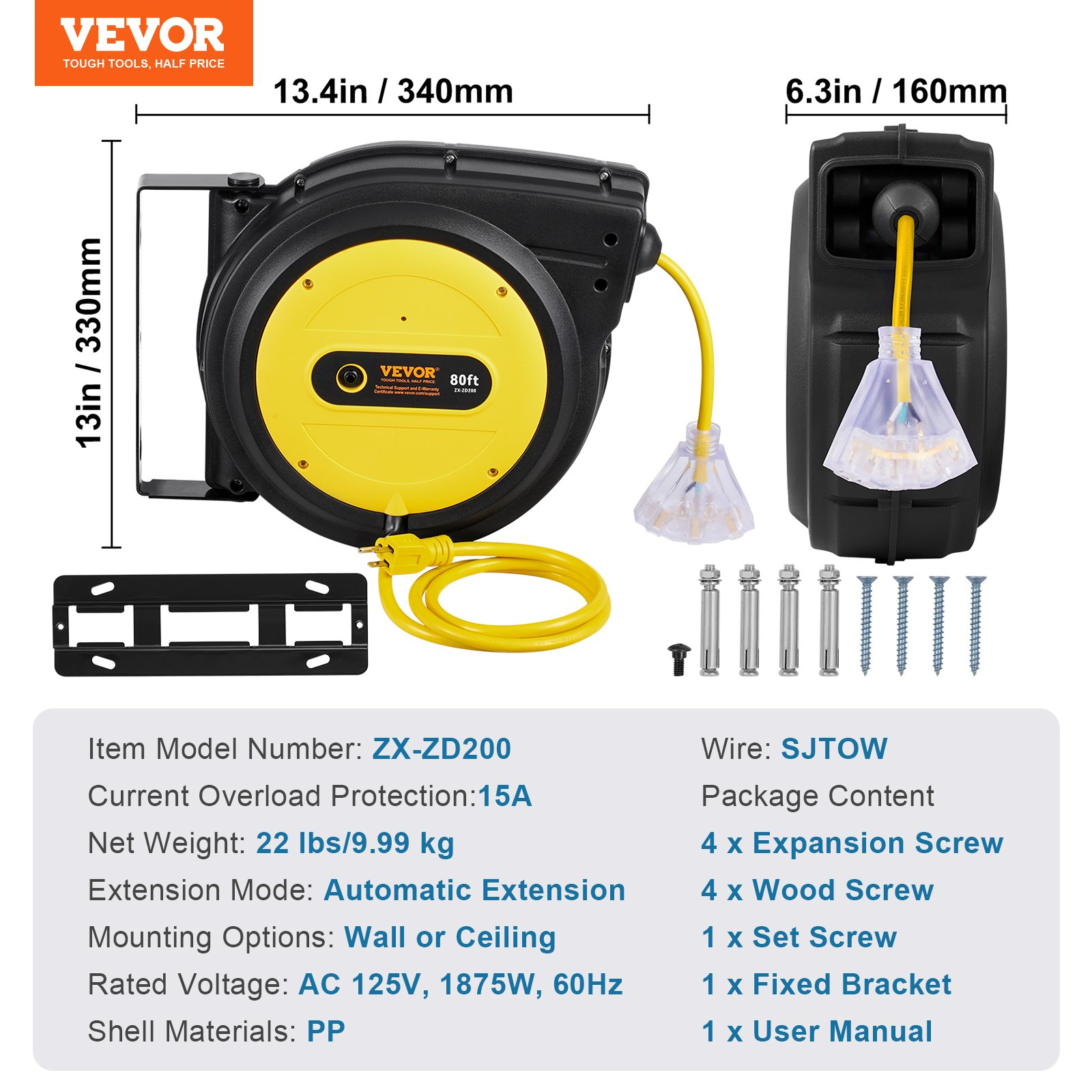 Carrete de cable de extensión retráctil SSSJXQ80FT | VEVOR