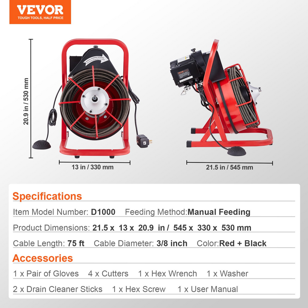 Máquina desatascadora de 22, 8 m x 9, 5 mm, 250 W | VEVOR