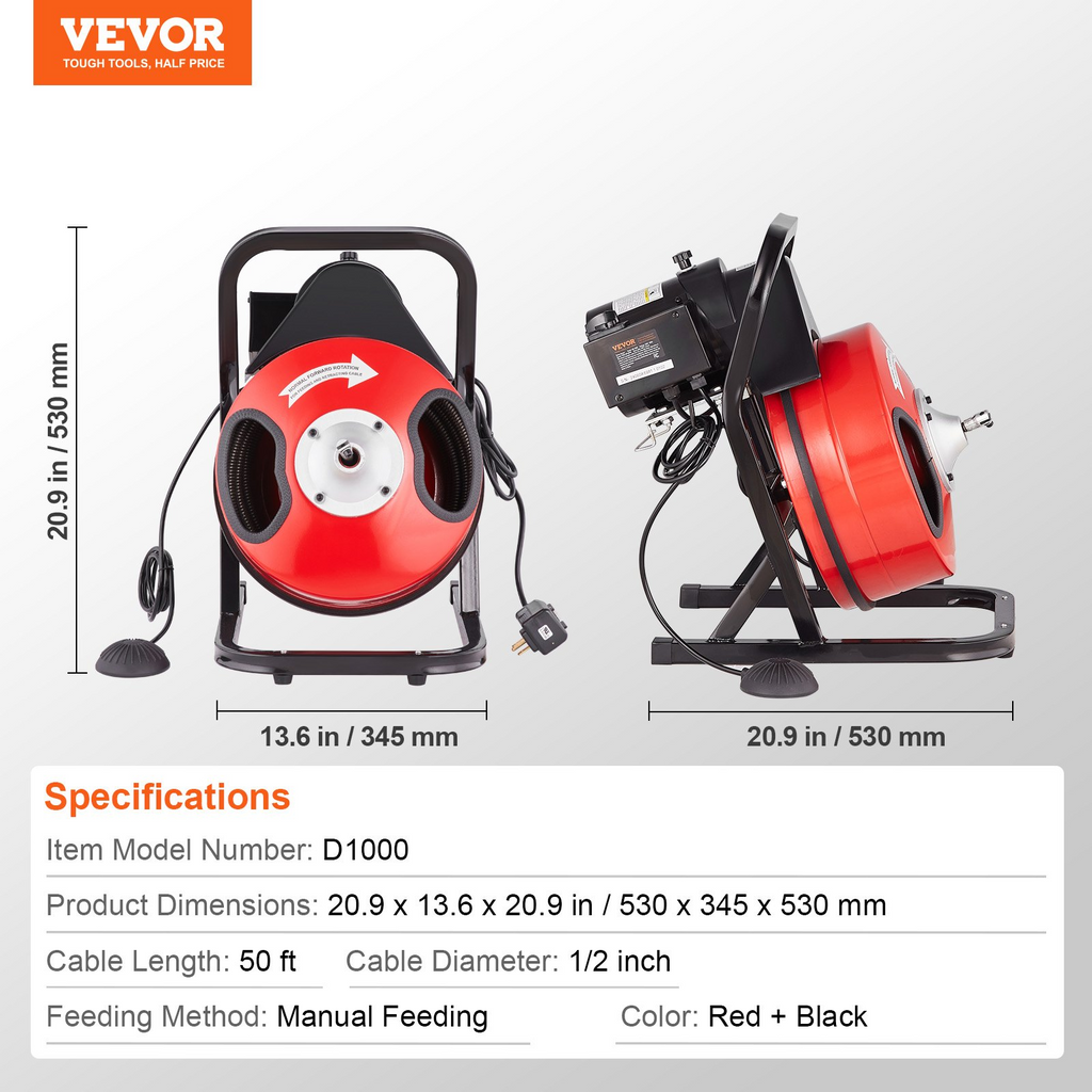 Máquina desatascadora de 50 pies x 1/2 pulgada | VEVOR