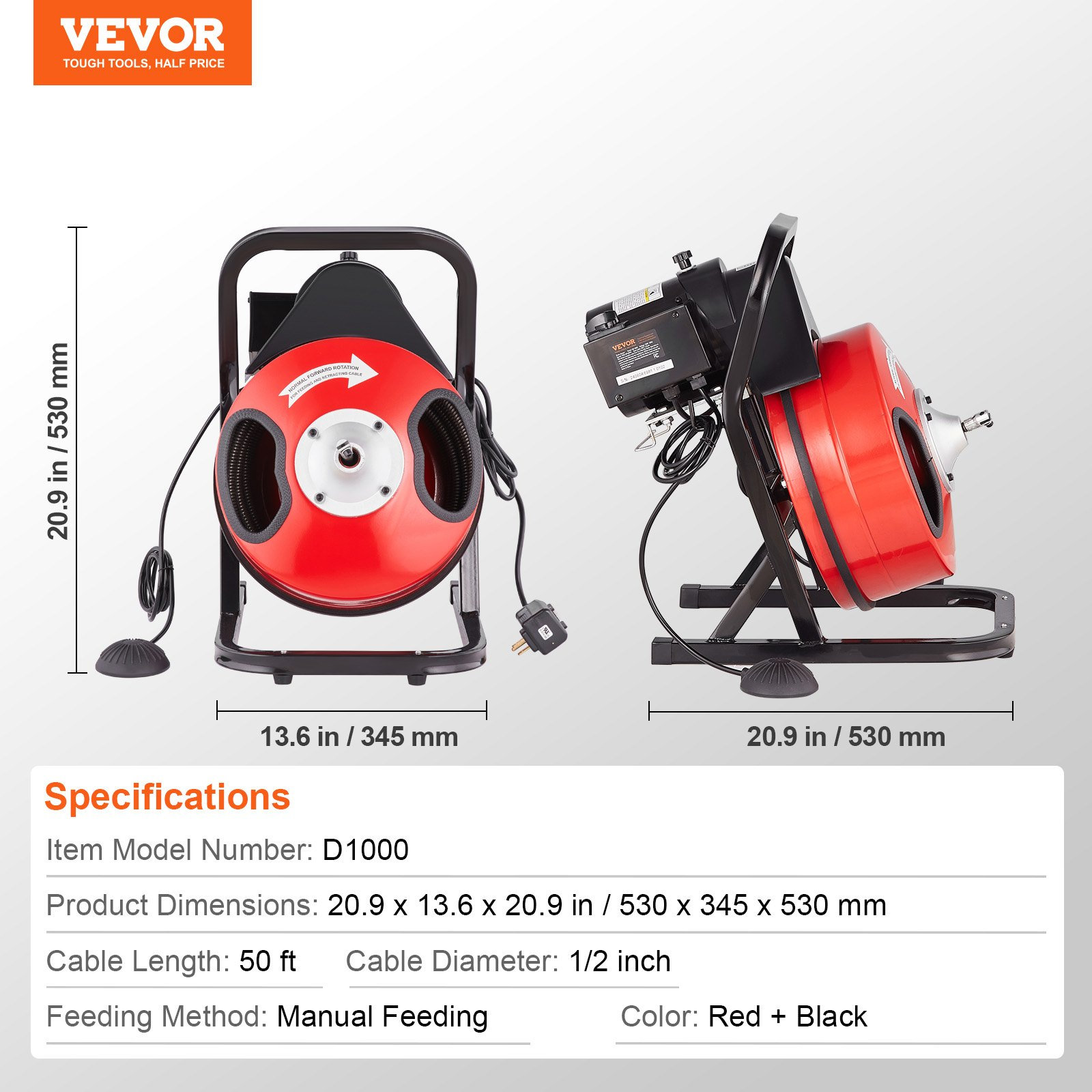 Máquina desatascadora de 50 pies x 1/2 pulgada | VEVOR