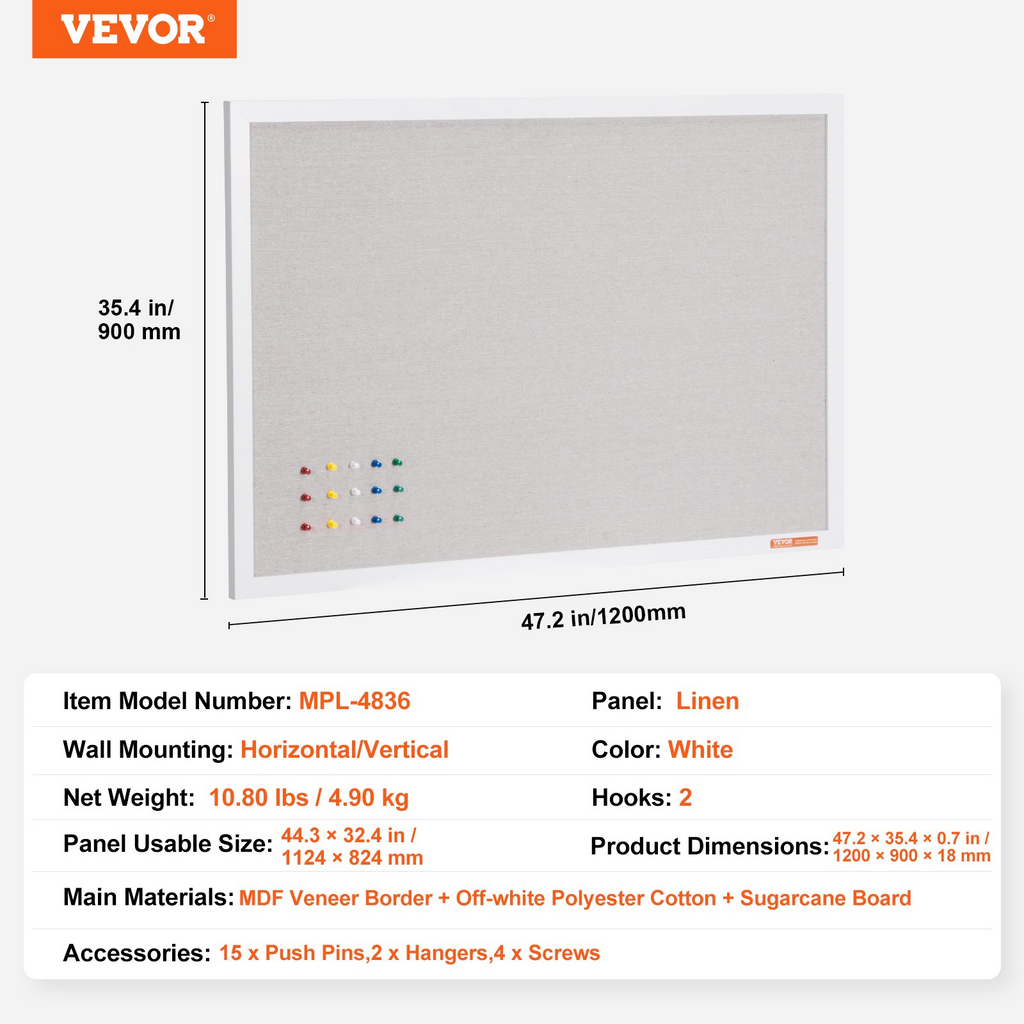 Tablero de corcho blanco de 122 x 91 cm con superficie | VEVOR
