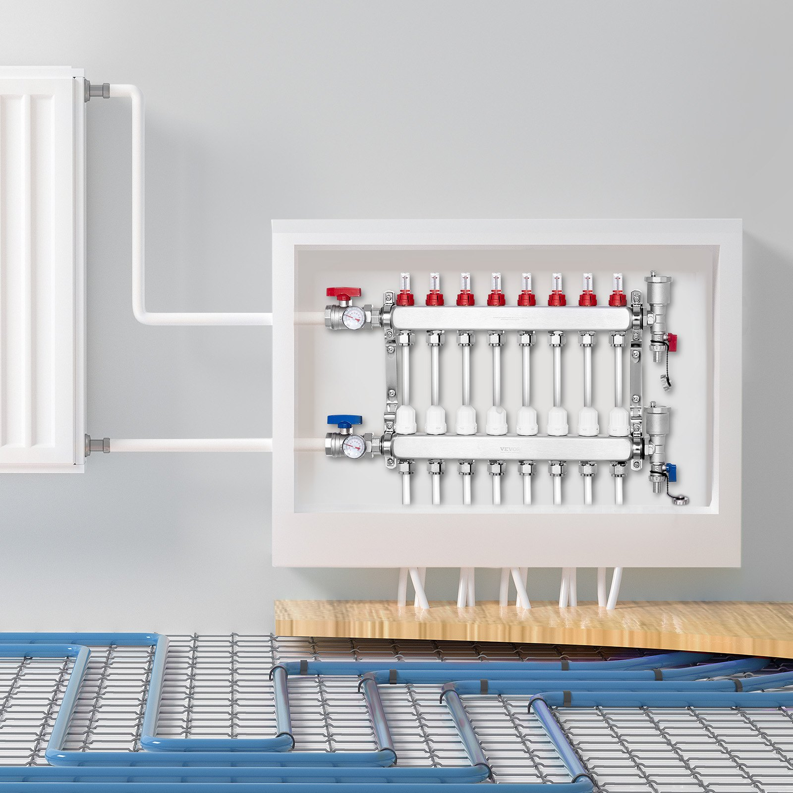 Colector de calefacción radiante de 8 ramales | VEVOR