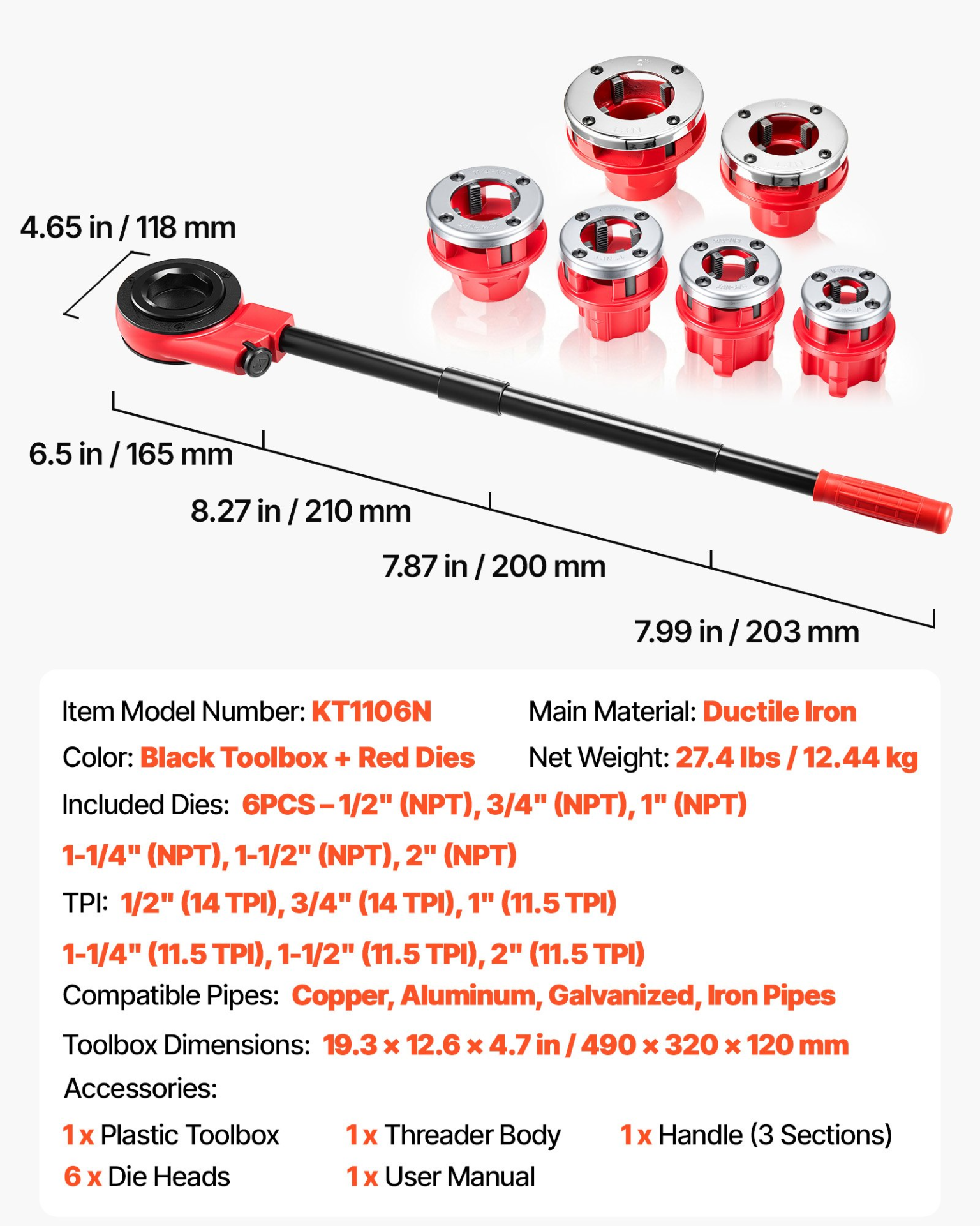 Kit de roscado de tuberías con trinquete con 6 matrices | VEVOR